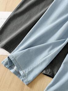 SHEIN 2pcs Tween GirlsJeans Set, Front Waist Bow Decor Design, Sweet & Minimalist, Casual Versatile, Elastic Waist Straight Leg Pants, Soft Cotton Blend Light Blue + Grey Washed Denim Fabric, Suitable For Daily Wear & Vacation - Multicolor - View 6