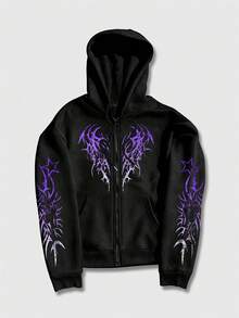 ROMWE MEN Goth 男士休闲日常深色图案印花拉链抽绳连帽卫衣 - 黑色 - 查看 3