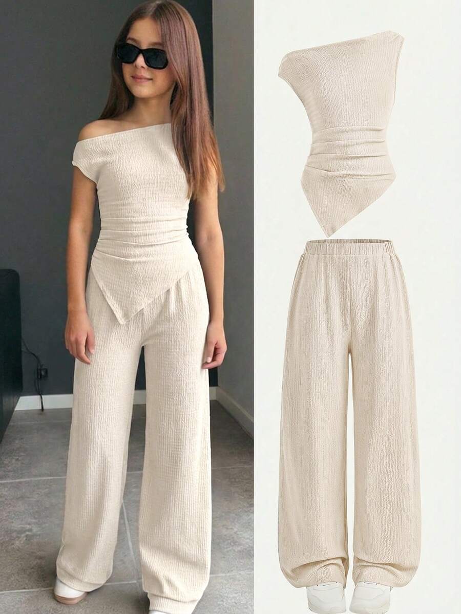 Firerie Kids 2pcs/Set Tween Girls' Summer Beige Casual Vacation Apricot Ruched Off-Shoulder Sleeveless Knit Top And Flare Pants Set,Suitable For School,Outdoor - Apricot - View 1