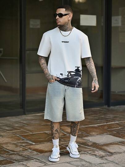 Devon Thys Quần short denim cổ điển thường ngày màu xanh nhạt phai dành cho nam