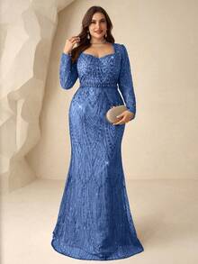 Coutiva Plus Size Elegant Light Blue Square Neck Embroidered Pearl Rhinestone Long Sleeve Mermaid Formal Evening Dress,Winter Formal Party Prom Wedding Guest - Sky Blue - View 4