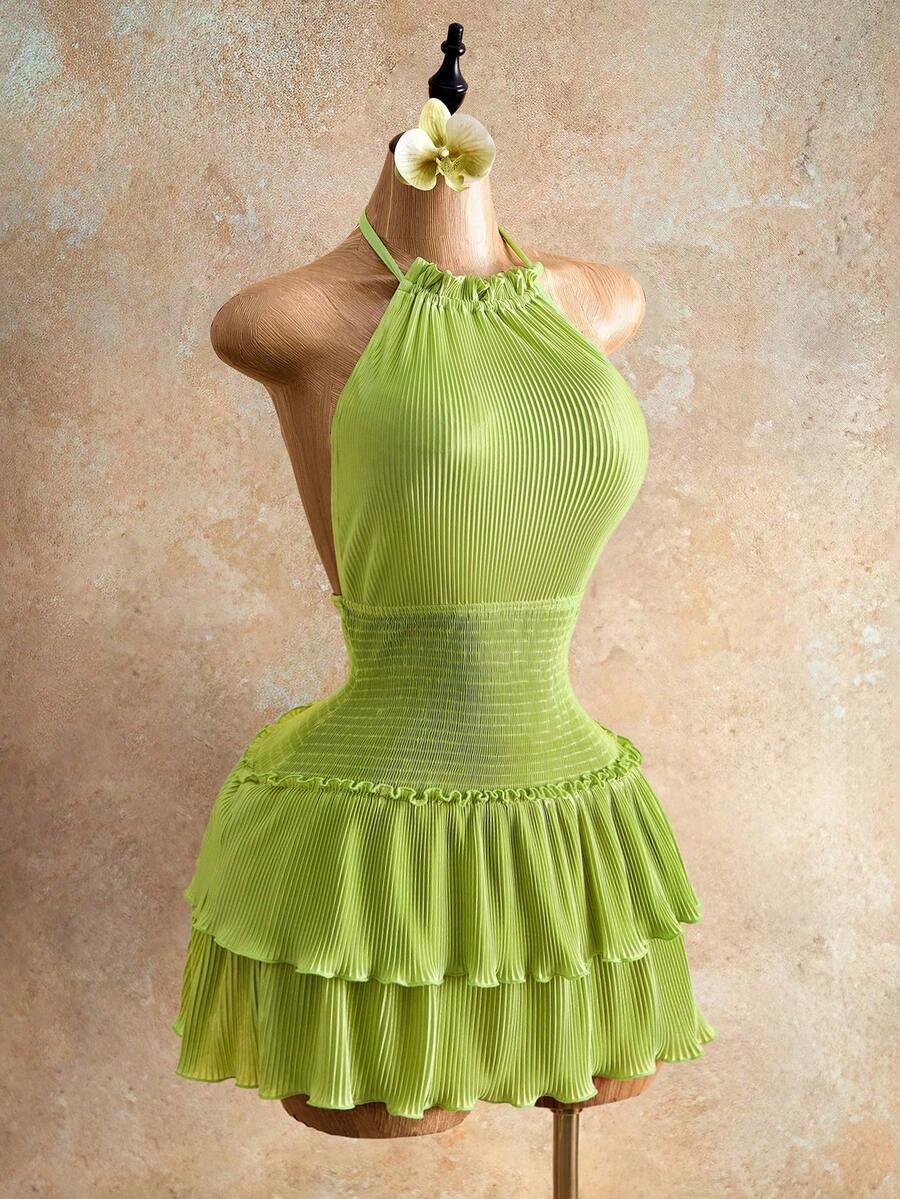 Mistrie Summer Bohemian Resort Style Fresh Green Versatile Pleated Slimming Halter Backless Mini Dress - Green - View 1