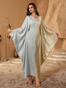 Al Najma Middle Eastern Style Elegant Bat Wing Patchwork Jacquard Dubai Turkey Abaya Dress, Slimming - Mint Green - View 3