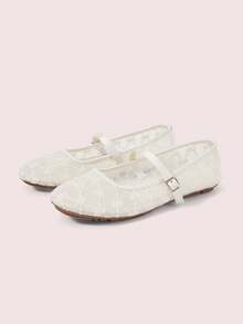 CUCCOO DOLLMOD Women's Shoes, Beige, Round Toe Mary Jane Flats, Flower Embroidered Mesh Yarn, Sweet And Cute, Comfortable, Soft And Breathable - Petals - Apricot - View 2