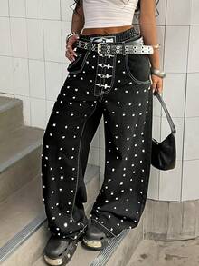 StreetHx Quần jeans nữ dáng rộng in họa tiết máy bay, khóa cài, phong cách đường phố. - màu đen - Xem 4