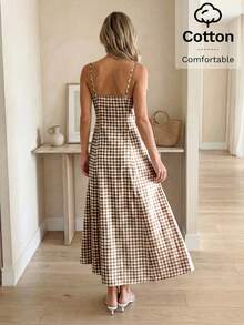 Easowa Women's Plaid Casual Commuter Strap Long Dress - Brown - View 5
