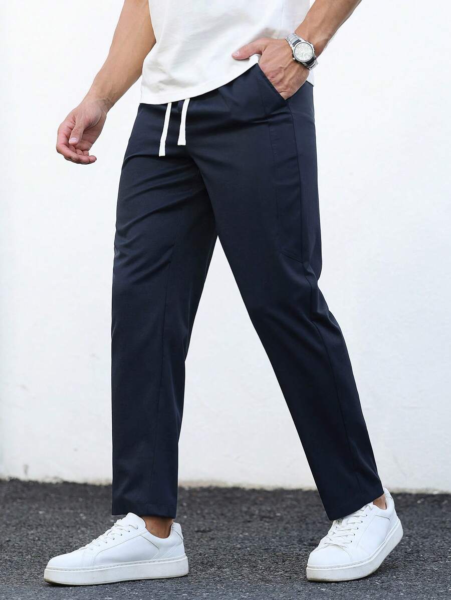 Manfinity Homme Men's Drawstring Waist Pockets Straight Leg Business Casual Pants, Formal - Navy Blue - View 1