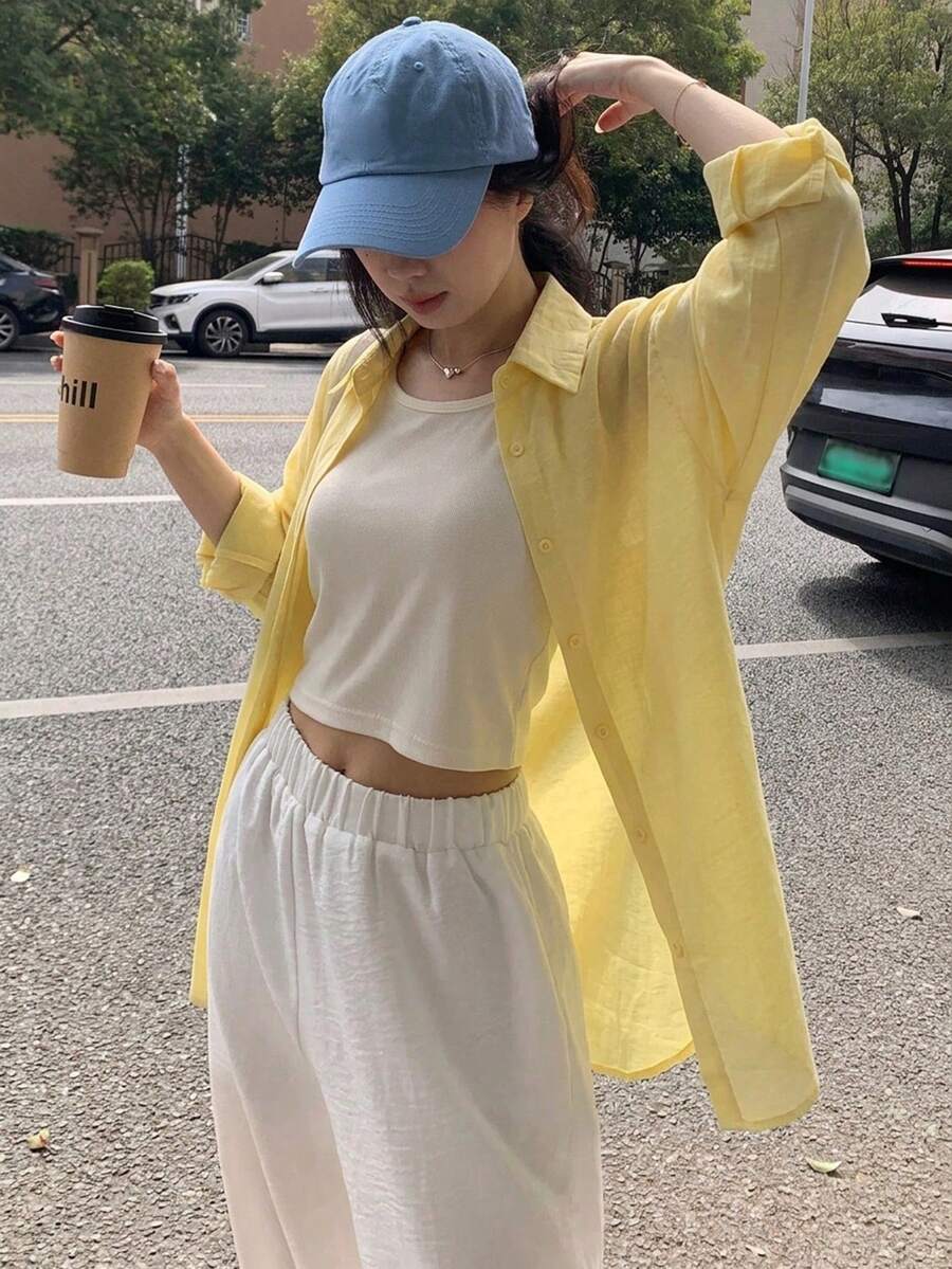 DAZY 女款格紋寬鬆休閒長袖襯衫 夏季 - 淡黃色 - 查看 1