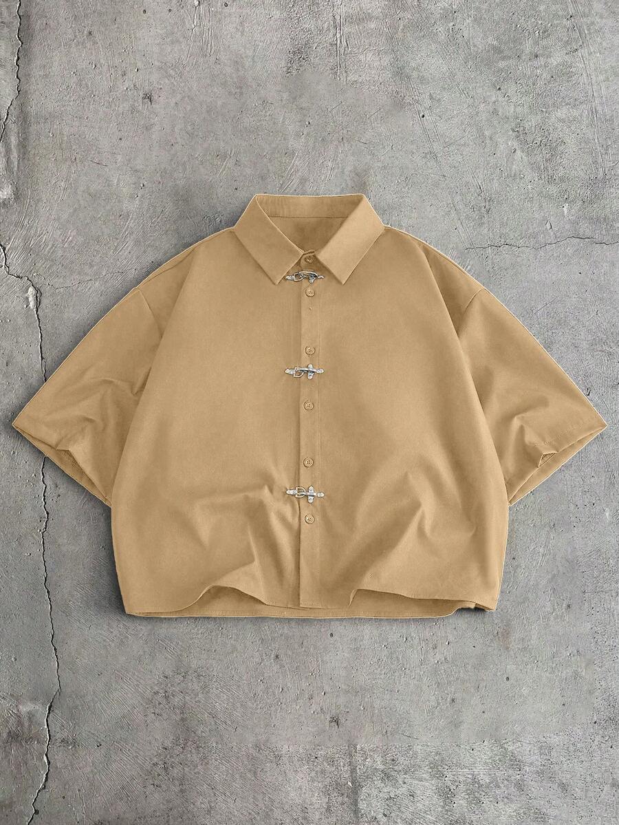 AXEPEAK Men's Metal Hook Casual Short Sleeve Shirt, Suitable For Daily Wear - Brown - View 1