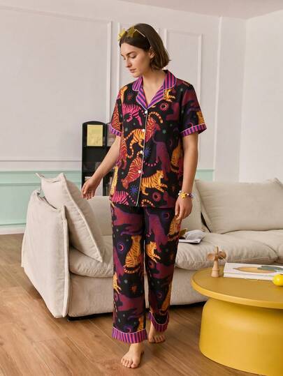 Chillnights Young Casual Tiger Colorblock Pattern Cardigan Plus Size Pajama Set