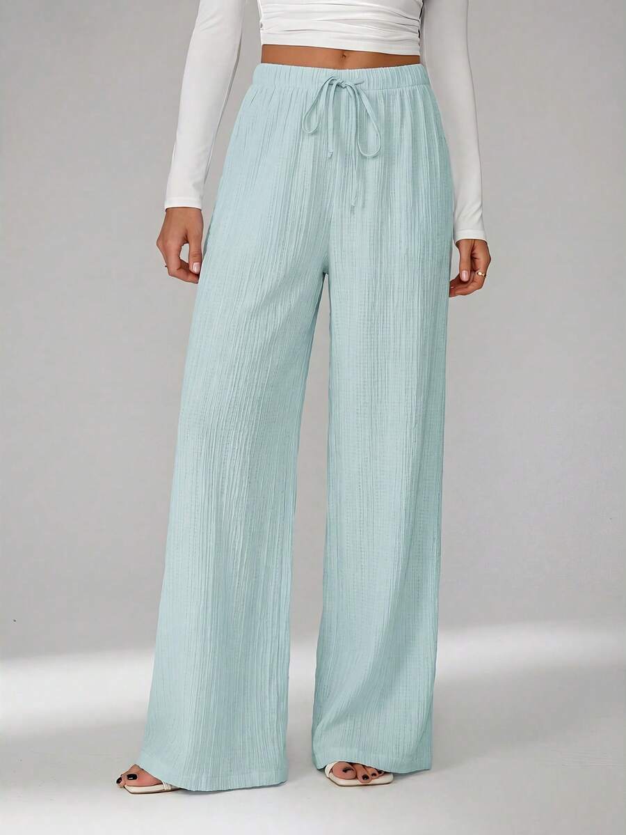 SHEIN Tall Loose Drawstring Waist Trousers In Textured Crinkle Fabric, Tall Women - Baby Blue - View 1