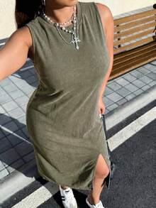 Muchica 大码女式纯色圆领无袖侧开衩下摆休闲吊带裙 - 軍綠色 - 查看 7