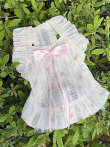 PETSIN 1件花卉蕾丝宠物背带裙，优雅长蝴蝶结设计，适合泰迪比熊犬的夏季服装 - 白色 - 查看 4