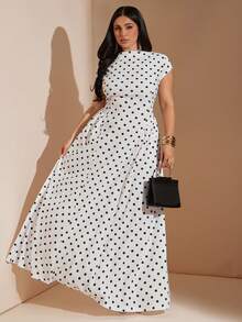 SHEIN BAE CURVE Plus Size Women's Black And White Cap Sleeve Waist Cinched Elegant 1960s 90s 1950s Vintage 1920s 70's Dress High Neck Maxi Brunch Party Wedding Guest - Black and White - View 4