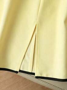 SHEIN Rok Beige dengan Trim Hitam dan Belahan di Bagian Bawah, Rok Elegan untuk Wanita Musim Semi/Panas - Kuning muda - View 4