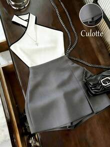 SHEIN Franclia Bộ trang phục 2 món dành cho nữ, gồm áo cổ chéo màu đen phối cùng quần dài hai lớp màu xám thanh lịch, thích hợp cho việc đi làm hàng ngày vào mùa xuân/hè. - Màu be - Xem 4