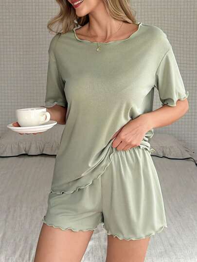 DAZY Women's Simple & Comfortable Solid Color Lettuce Trim Short Sleeve T-Shirt And Shorts Pajama Set, Summer