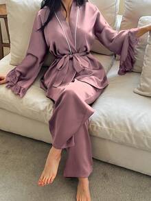 DAZY 两件套优雅撞色蕾丝边袖饰女士睡衣套装 - 淡紫色 - 查看 3