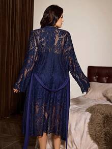 Slumberist New Lace Hollow Out Sexy Loose Long Sleeve Robe With Tie, Camisole And Shorts 3-Piece Sleepwear Set, Plus Size - Navy Blue - View 2