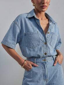 Hauture 女士短袖宽松长短牛仔连体裤，现代性感办公室穿着 - 淺藍色 - 查看 6