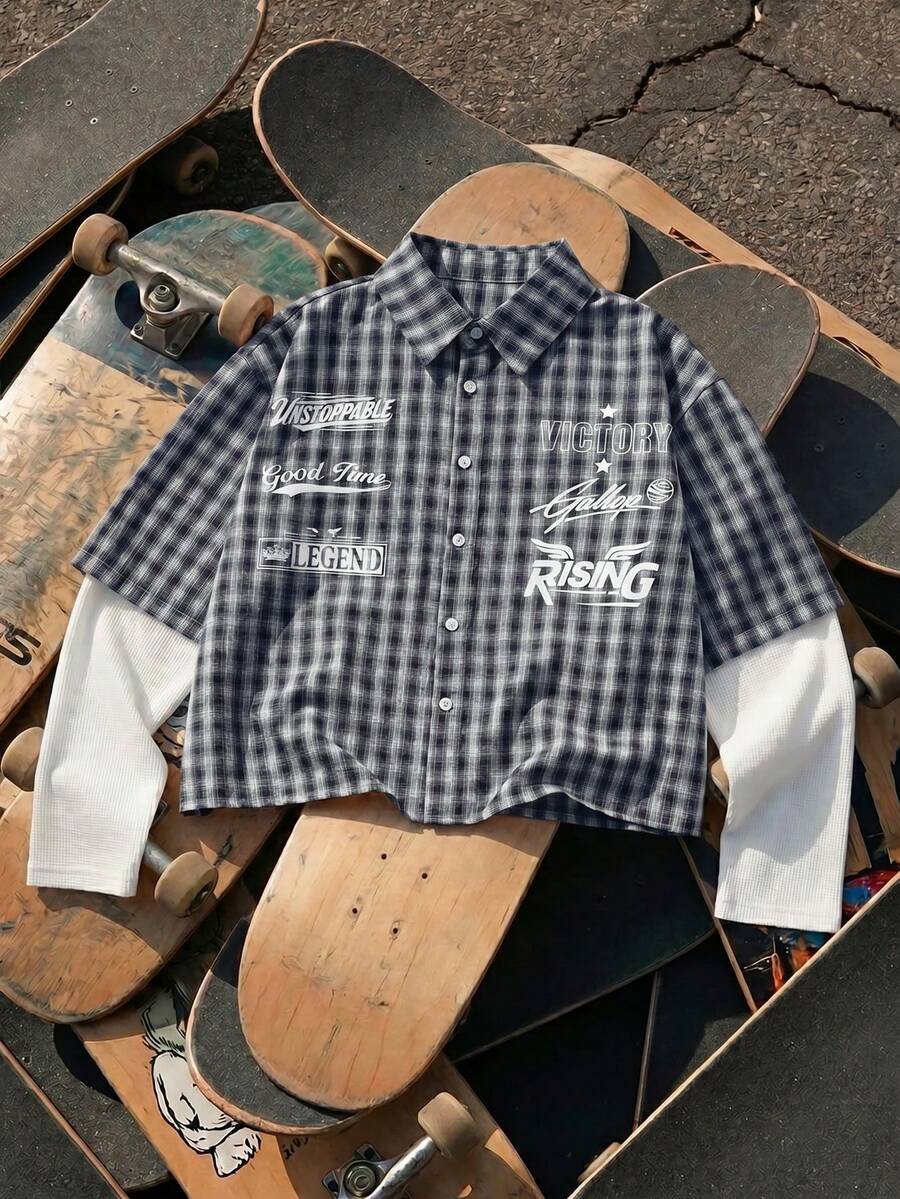 AXEPEAK Men's Faux Two-Piece Long Sleeve Button-Front Plaid Casual Shirt - Navy Blue - View 1