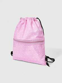 ROMWE Anime Y2K Star Printing Contrasting Color Lace Trim Transparent Zipper Pocket Large Capacity Multi-Functional Pink Drawstring Backpack, Cute Animation Style, Suitable For School, Commuting, Daily Leisure Use, Very Cute - Pink star - View 9