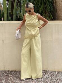 Conjunto de 2 piezas de top con detalle anudado y volantes y pantalones para mujer, estilo minimalista de verano - Amarillo - Ver 6