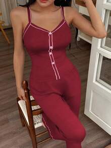 SHEIN Contrast Trim Camisole & Straight Leg Pants Women Pajama Set - Burgundy - View 6