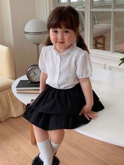 DAZY Baby Girl Textured Holiday Single-Breasted Lace Splice Fashionable Blouse