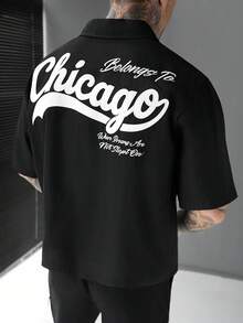 SLATEMANN Camisa casual de manga corta con botones y bordado de letras para hombre, de verano - Negro - Ver 4