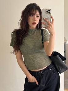 DAZY 女士简约圆领荷叶边下摆短袖T恤，适合夏季日常穿着 - 綠色 - 查看 5