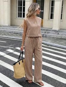 SHEIN Tall CURVE Plus Size Women French Summer Vacation Casual Brown Striped Linen Contrast Trim Camisole Top And Pants 2 Pieces Set - Brown - View 6