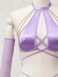 Fantasy Costume Fantasy Costume Plus Size Lingerie Set With Metal Chain, Mesh & Thong, 3pcs - Purple - View 3