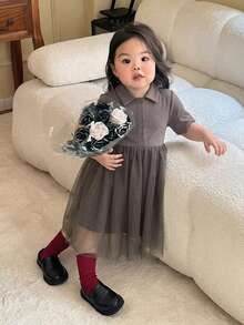 Dazy Kids 女嬰圓領休閒網布拼接中長洋裝 夏季幼兒 - 灰色 - 查看 3