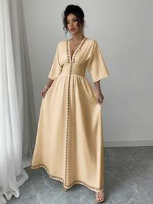 Rafferiza 優雅派對女款中東風花卉圖案露背半袖洋裝 - 卡其色 - 查看 3