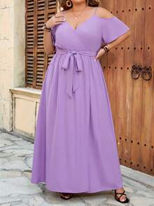 SHEIN CURVE+ Curve Size US22音樂節、海邊度假、波希米亞風格女款夏季休閒度假風素色露肩高衩開衩腰帶洋裝 - 淡紫色 - 查看 5