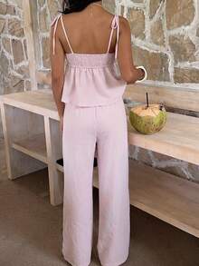 SHEIN EZwear 浅粉色梭织女士休闲吊带背心和裤子套装 - 淺粉色 - 查看 2