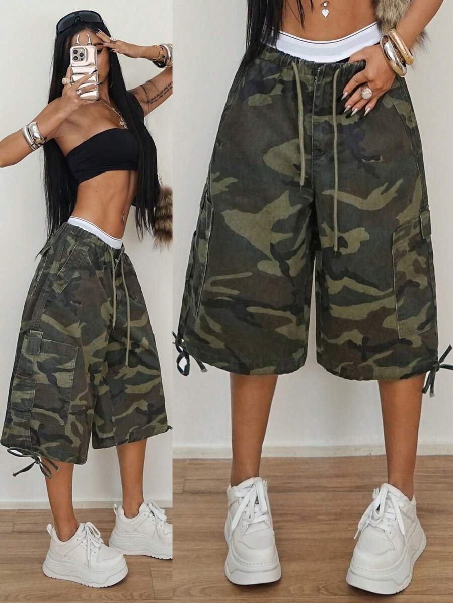 StreetHx Quần short denim nữ cạp chun, kiểu dáng thường ngày, đa năng, có dây rút. - Nhiều màu - Xem 1