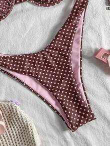 Swim Mod Conjunto de Bikini de 2 Piezas con Aros, Estampado de Lunares & Estampado Aleatorio, Traje de Baño Sexy para Vacaciones de Primavera/Verano - Multicolor - Ver 3