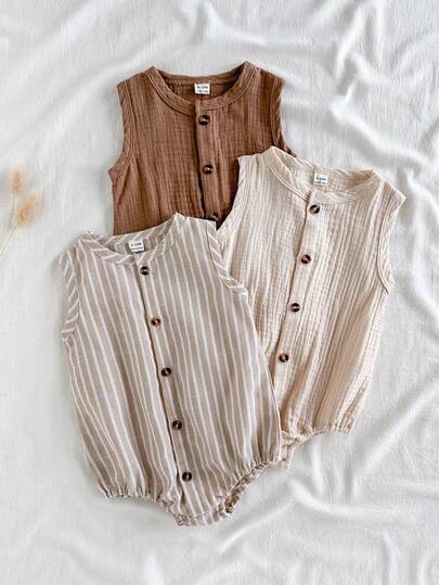 SHEIN Vintaside Kids Baby Boy Summer Soft Peach, Vintage Brown, Classic Stripes Three Color Slightly Stretch Front-Opening Drawstring Set Of 3 Pieces. Retro Daily Casual Style. Color Options Are Suitable For Various Dressing Styles. Loose Fit. Suitable For Daily Outdoor Activities, School, Vacation, Sports, Parties, Etc. Many Uses.