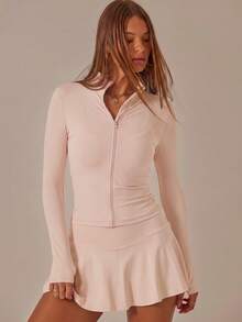 Aralina Leisurewear Zip Front Long Sleeve Top And High Waist Biker Shorts Two Pieces Set - Baby Pink - View 8