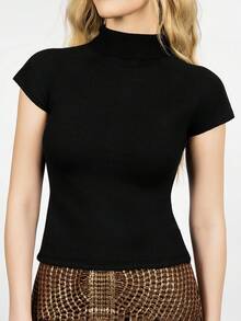 PRISCILA ESCOTO PRISCILA ESCOTO Sweater Rajut Fleece Tipis Lengan Pendek Kerah Tinggi Model Slim Fit untuk Wanita Musim Gugur/Dingin, Warna Hitam Musim Gugur - Hitam - View 3