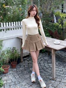 DAZY Solid Mock Neck Tee Long Sleeve Women Tops - Apricot - View 8