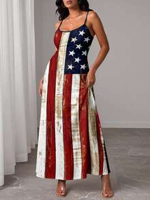 EMERY ROSE Plus Size Women Independence Day American Flag Print Camisole Dress, Casual Vacation Comfortable Long Dress - Multicolor - View 1