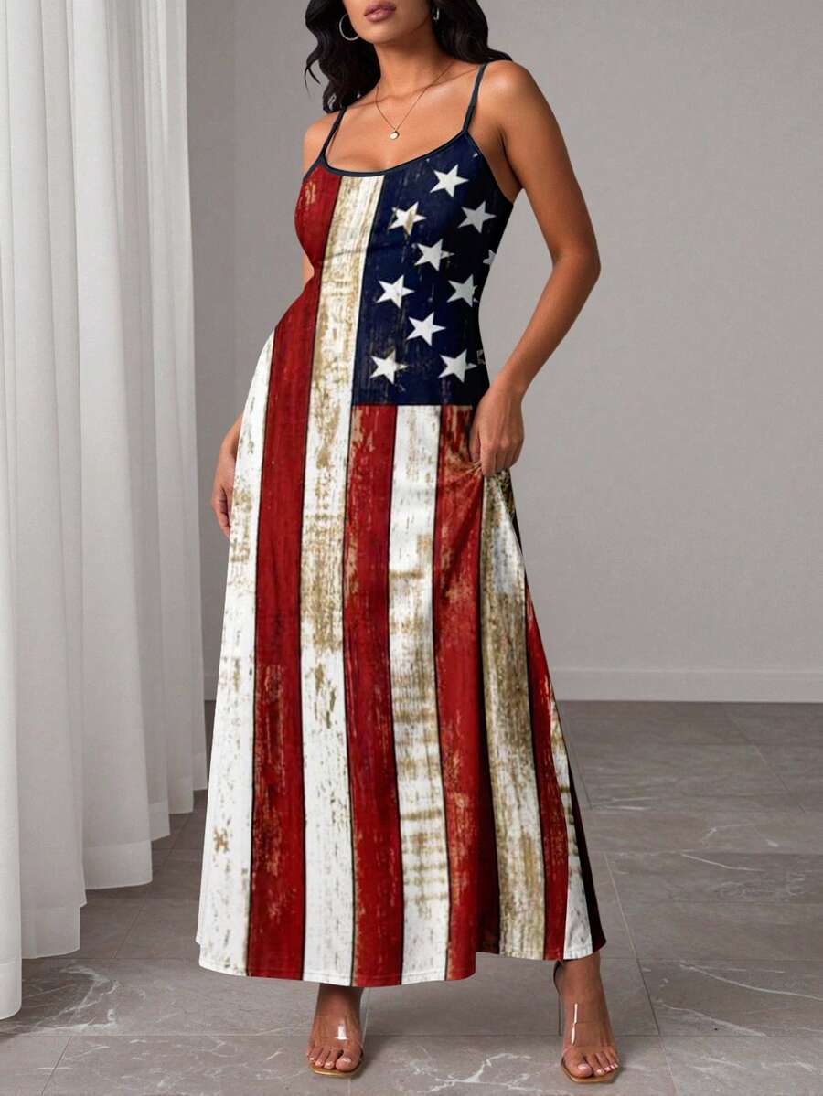 EMERY ROSE Plus Size Women Independence Day American Flag Print Camisole Dress, Casual Vacation Comfortable Long Dress - Multicolor - View 1