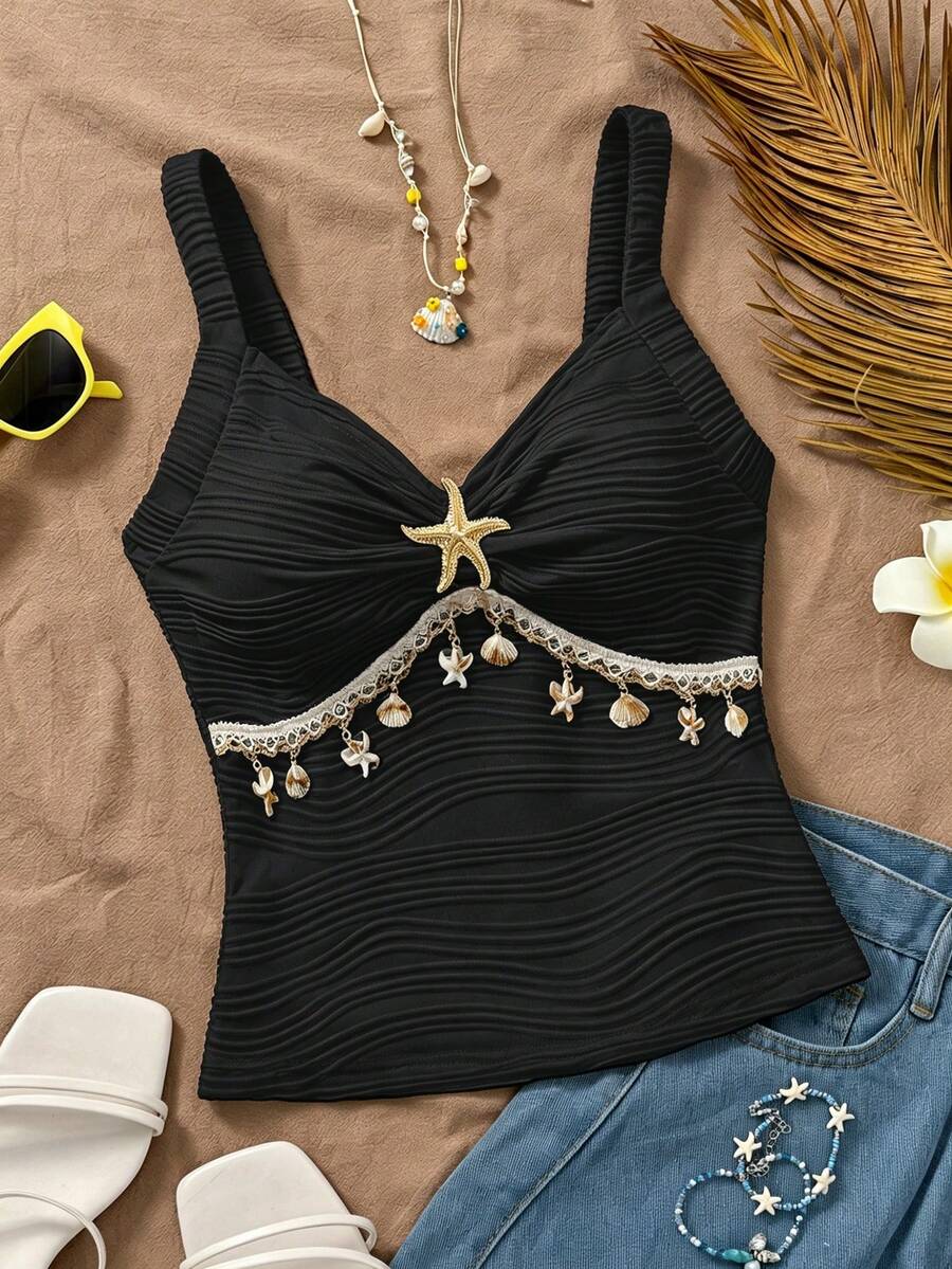 Selianne Áo tank top nữ phong cách thường ngày đi nghỉ mát, trang trí bằng dây chuyền hình vỏ sò và sao biển, họa tiết sao biển bằng kim loại, kiểu dáng lãng mạn cho kỳ nghỉ. - màu đen - Xem 1