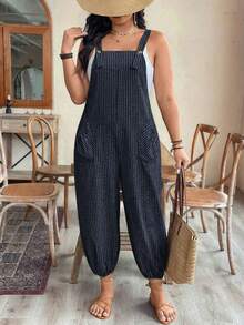 EMERY ROSE Plus Size Women's Elegant Striped Pocket Jumpsuit, Casual Commuter Style, Spring/Summer - Navy Blue - View 7