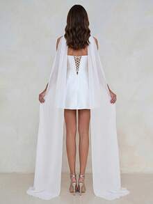 Aloruh Elegant, Luxurious, Romantic, Simple, Magnificent, Court Style, White, Satin, Off-Shoulder, A-Line Maxi Skirt, Ribbon, Belt-Tied Waist, Suitable For Bachelorette Party, Wedding, Graduation Ceremony, Vacation, Bridal Shower Dress - White - View 6