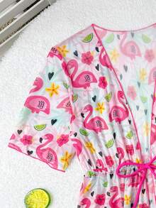 SHEIN 青少年女孩 3 件套泳衣，可愛火烈鳥印花白色夏季泳裝，時尚青少年女孩海灘度假穿搭，優雅游泳服 - 粉色 - 查看 3