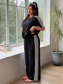 SHEIN EZwear 大码女装两件套，拼接撞色短袖上衣和裤子，休闲日常穿着 - 黑色 - 查看 6